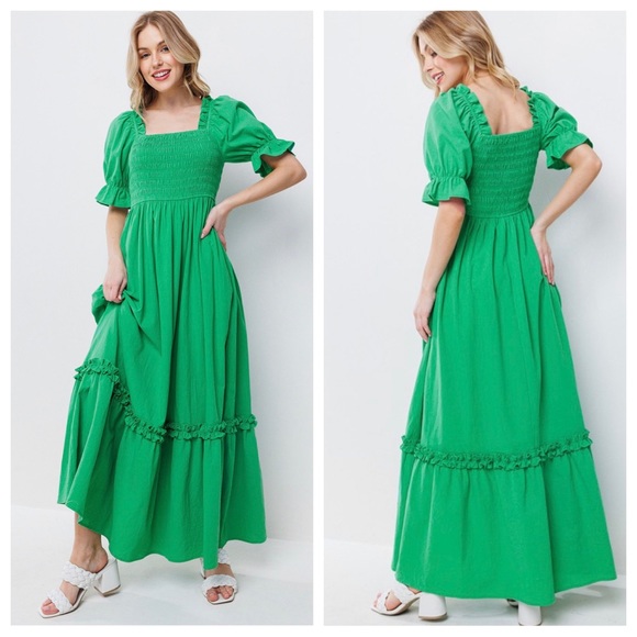 Boho Beautiful Linen Cotton Solid Smoking Detail Long Dress - Picture 2 of 5